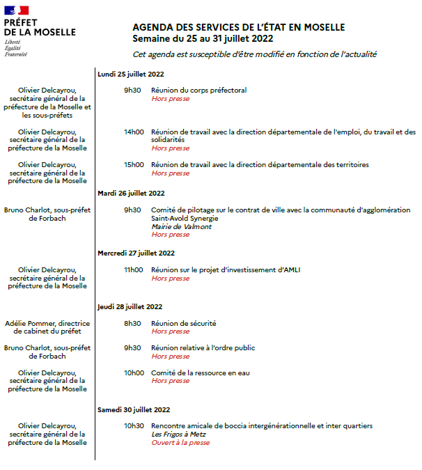 Agenda des services de l'État du 25 au 31 juillet 2022