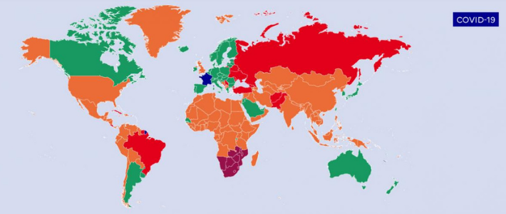 Carte covid globale présentant les pays à risques