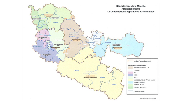 carte - départements de la Moselle - Arrondissements - circonscriptions législatives et cantonales